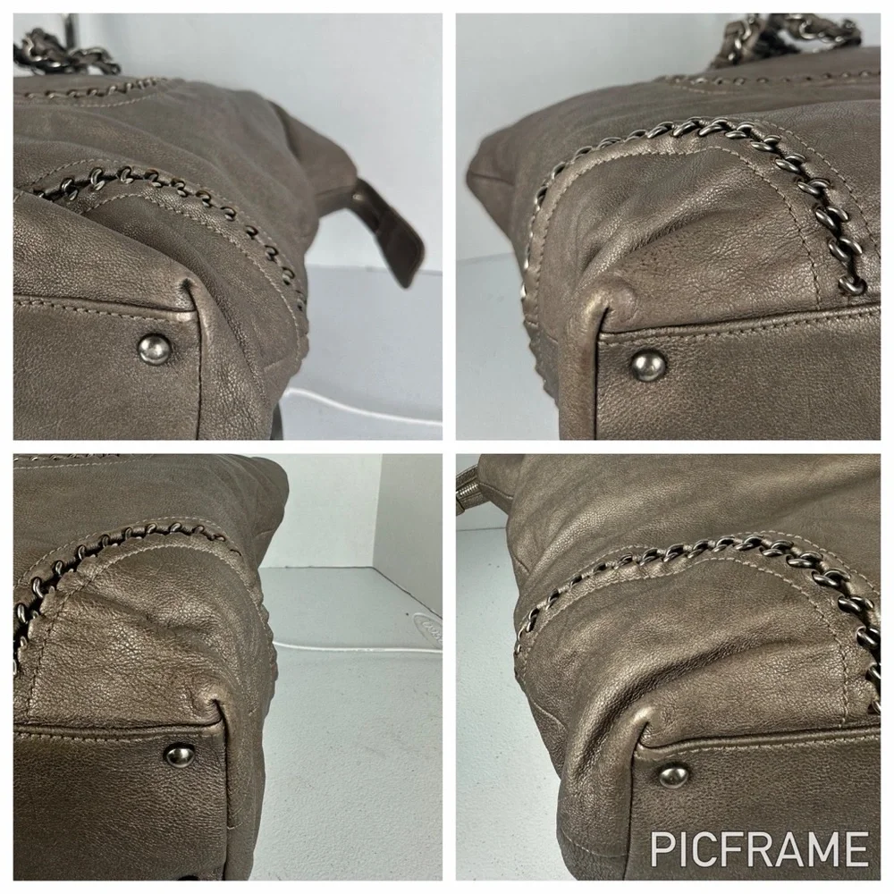 Chanel Metallic Silver Chain-Trim Leather Tote
